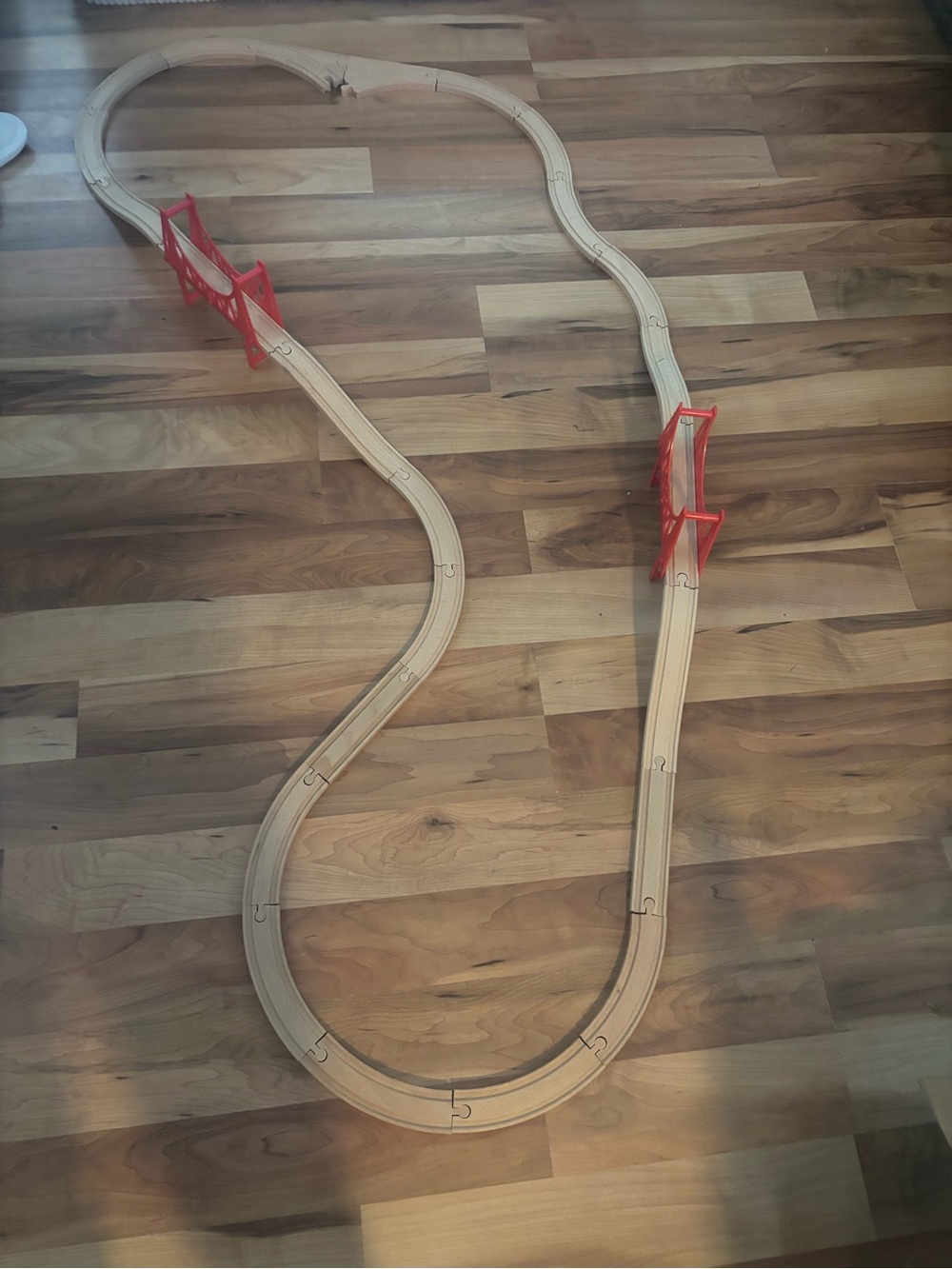 Red Wooden Toy Train Bridge with Track Pieces - Picture 4 of 5